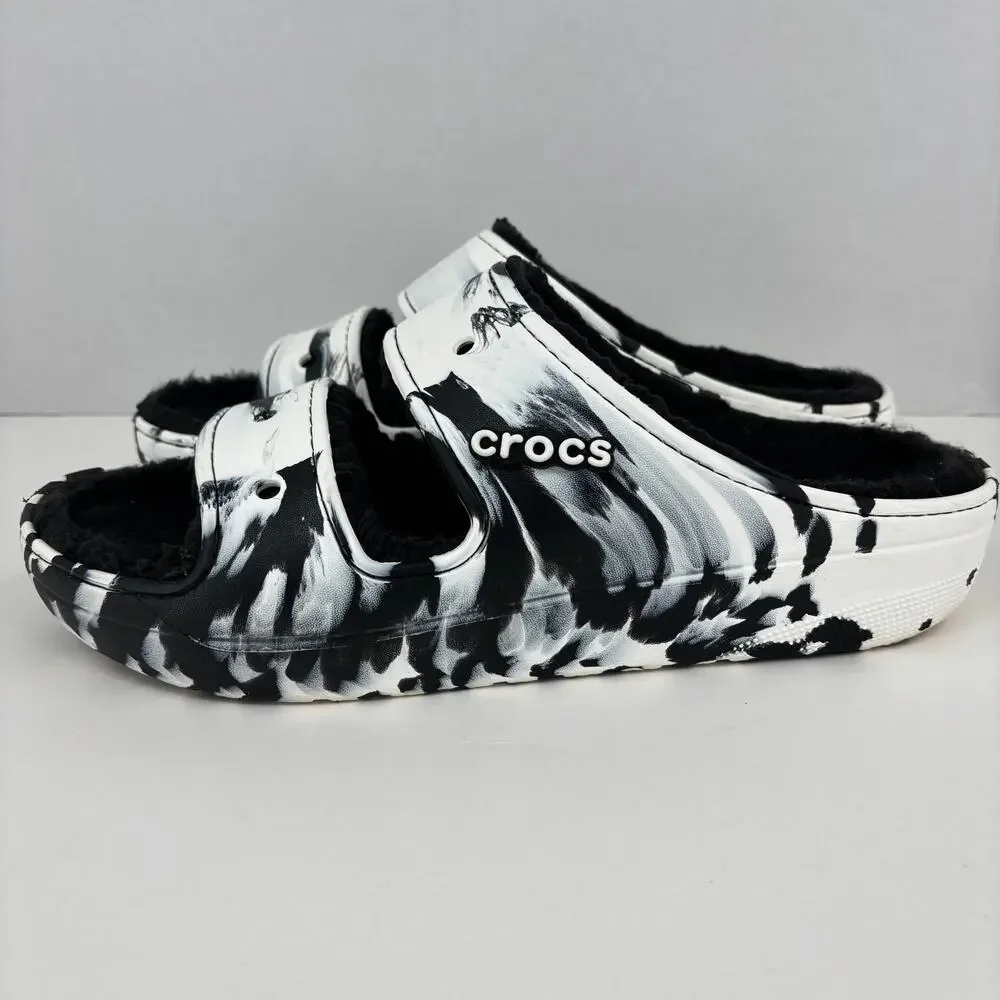 Crocs Classic Cozzzy Sandals Mens Size 14 Faux Fur Lined Black‎ White Marbled